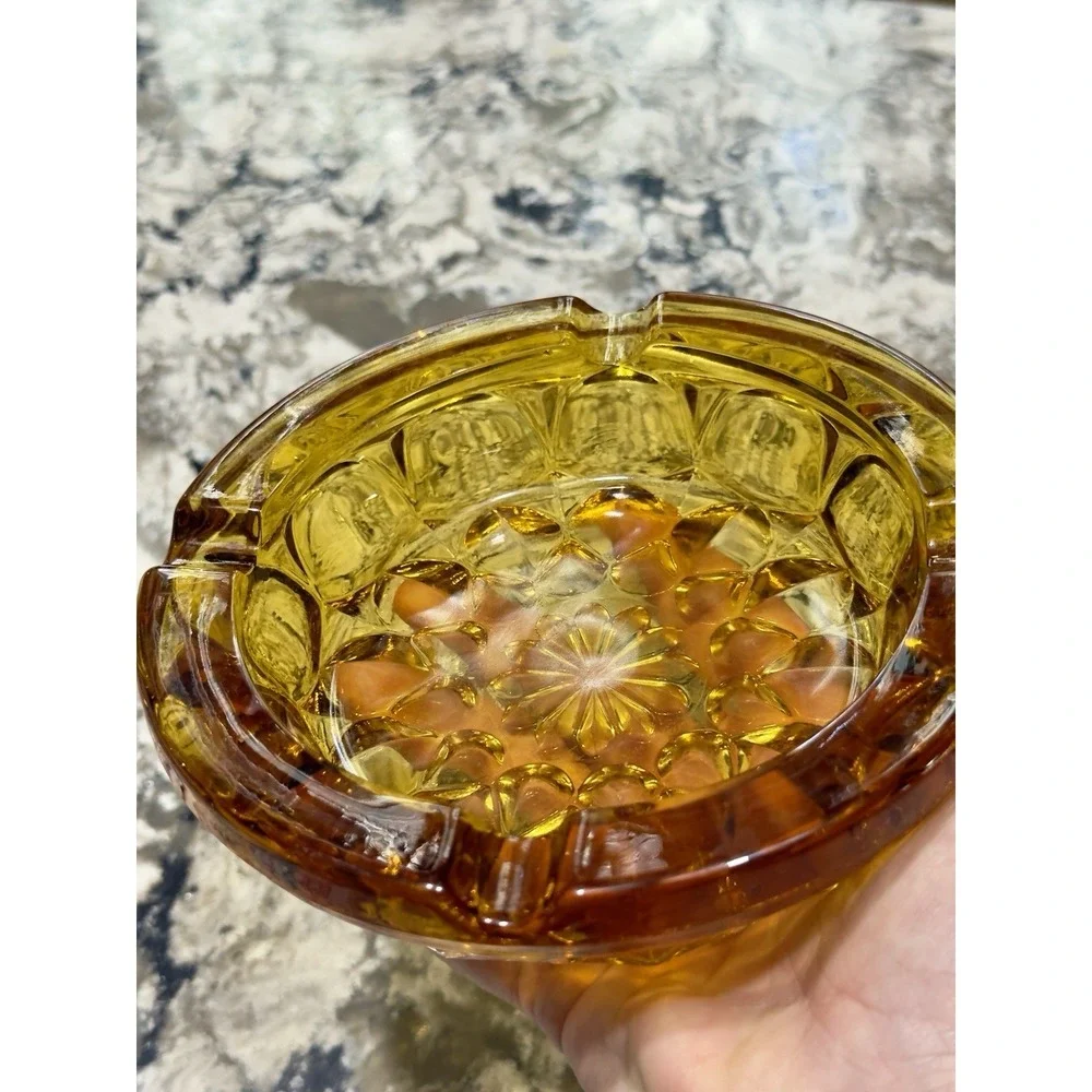 Vintage MCM Amber Glass Ashtray Anchor Hocking Fairfield Starburst 4 Slot HEAVY
